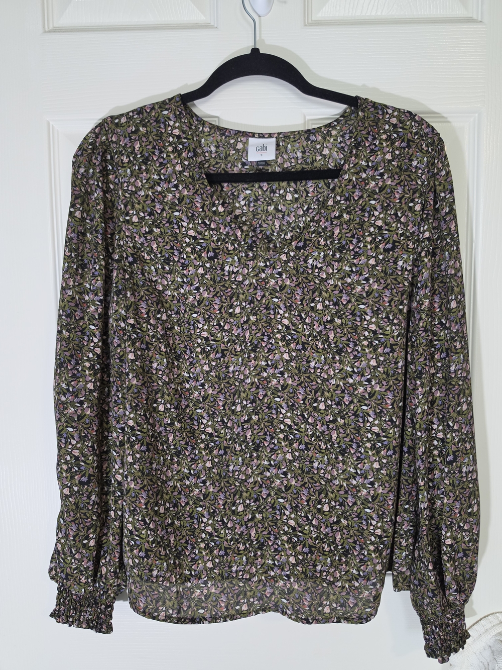 CAbi Floral Long-Sleeve Blouse in Olive and Lavender